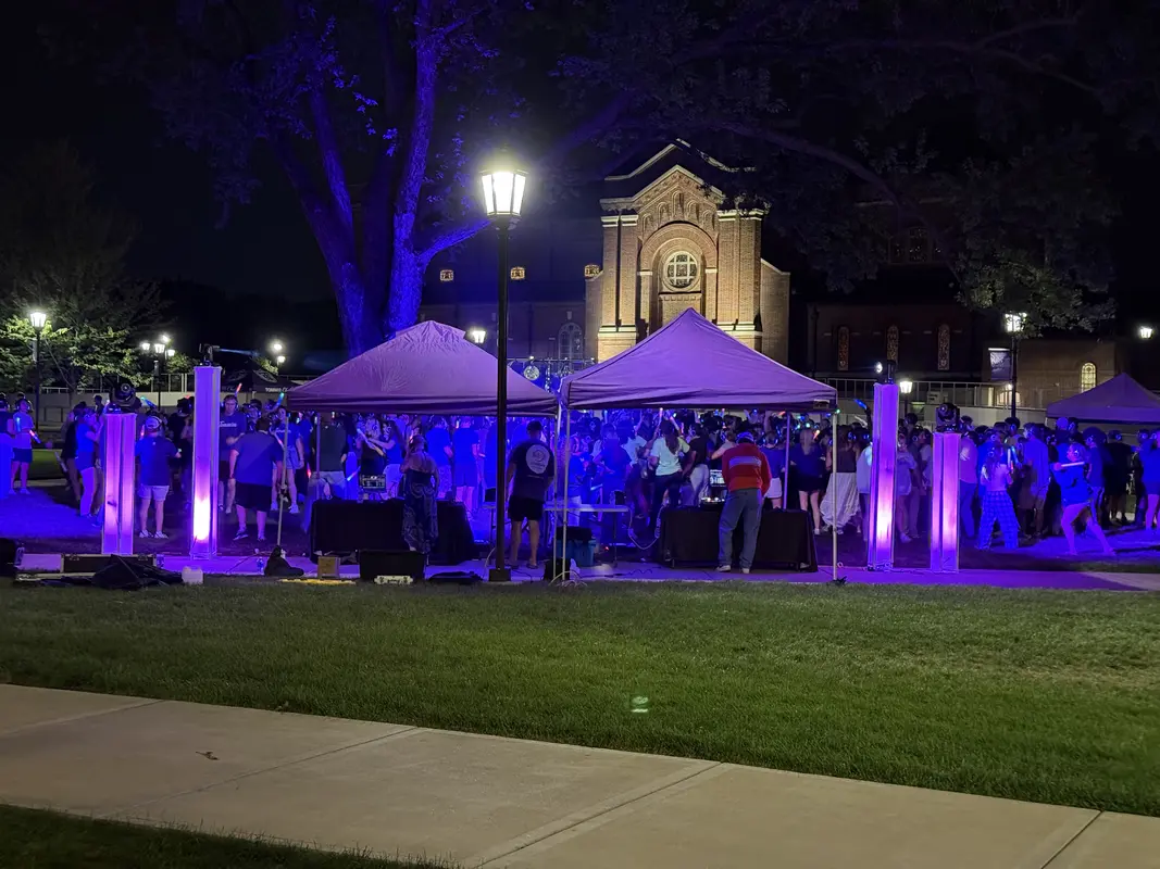 DJ performing at an outdoor festival with crowd dancing